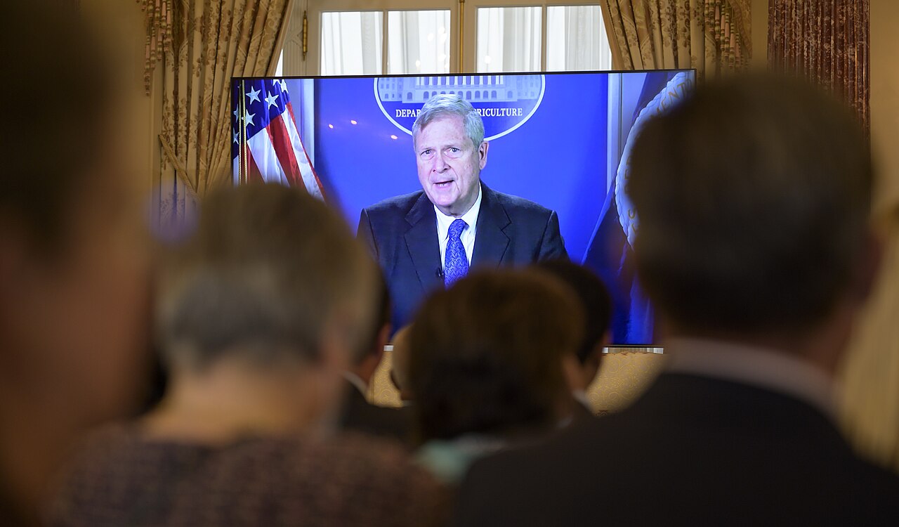 U.S. Secretary of Agriculture Tom Vilsack gives remarks via a previously recorded message, during an event at the U.S Department of State where it was announced that Cynthia Rosenz