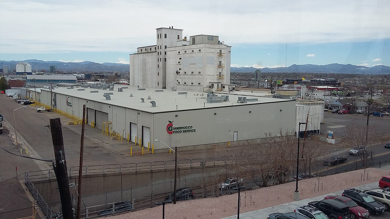 View of Giambrocco warehouse from footbridge at 38th Blake Station during the Grand Opening of the University of Colorado A Line.