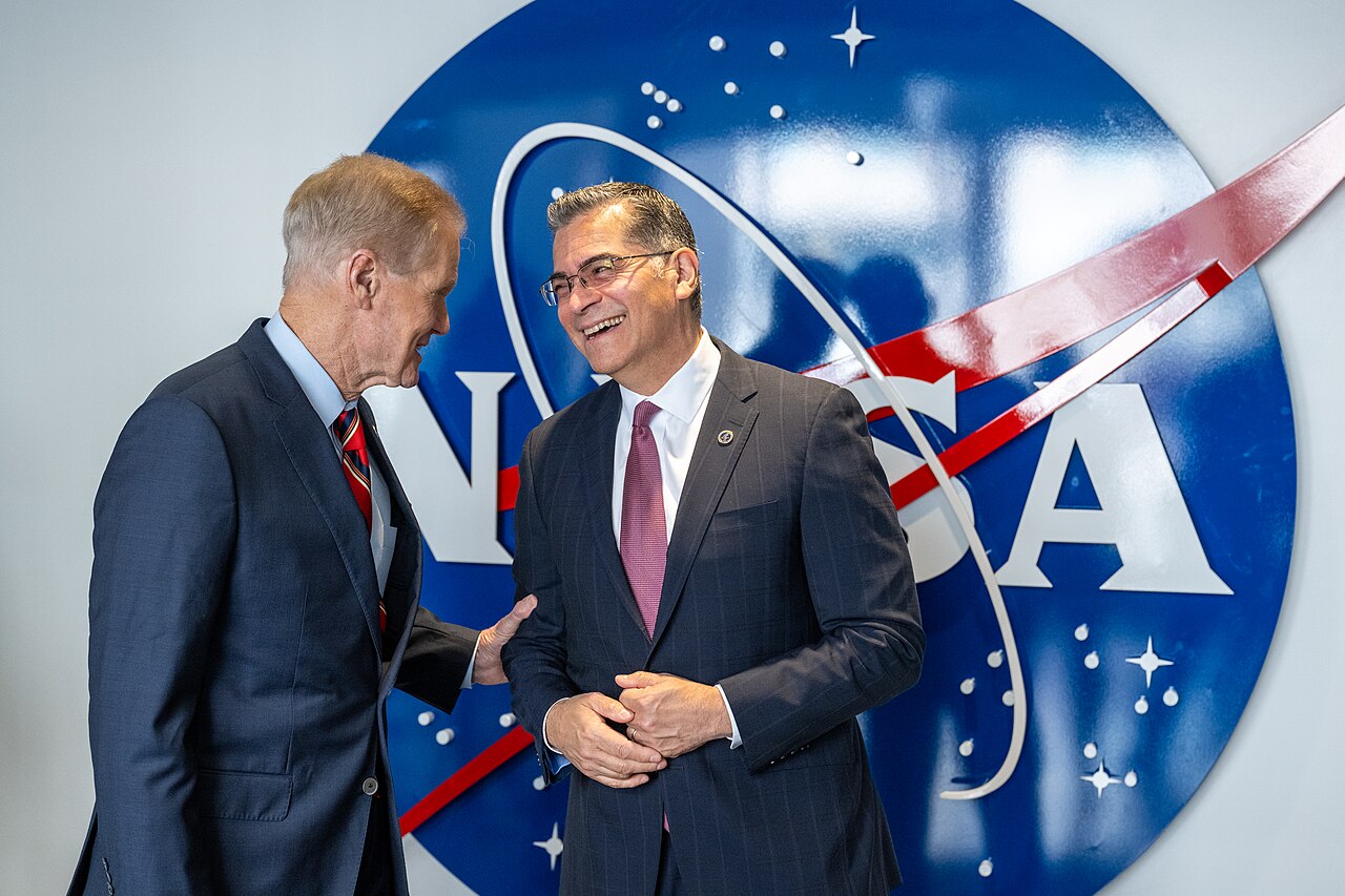 NASA Administrator Bill Nelson, left, and Department of Health and Human Services (HHS) Secretary Xavier Becerra are seen following an event that highlighted how the agencies are m