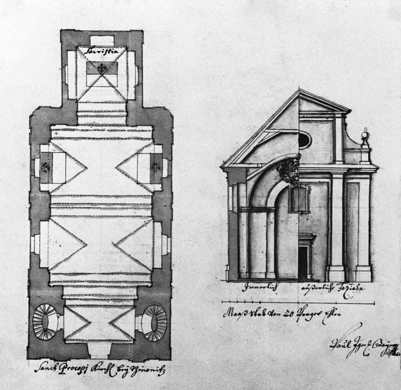 Plan for the completion of the Church of St. Procopius in the Prokop Valley in Prague, deposited at the Institute of Art History of the Czech Academy of Sciences. The plan dates fr